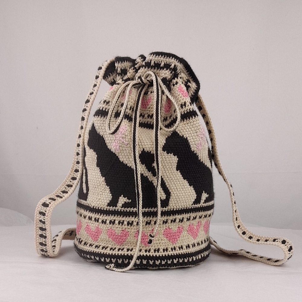 Handmade Heart Cats Dragonfly Crochet Bucket Drawstring Pouch Bag